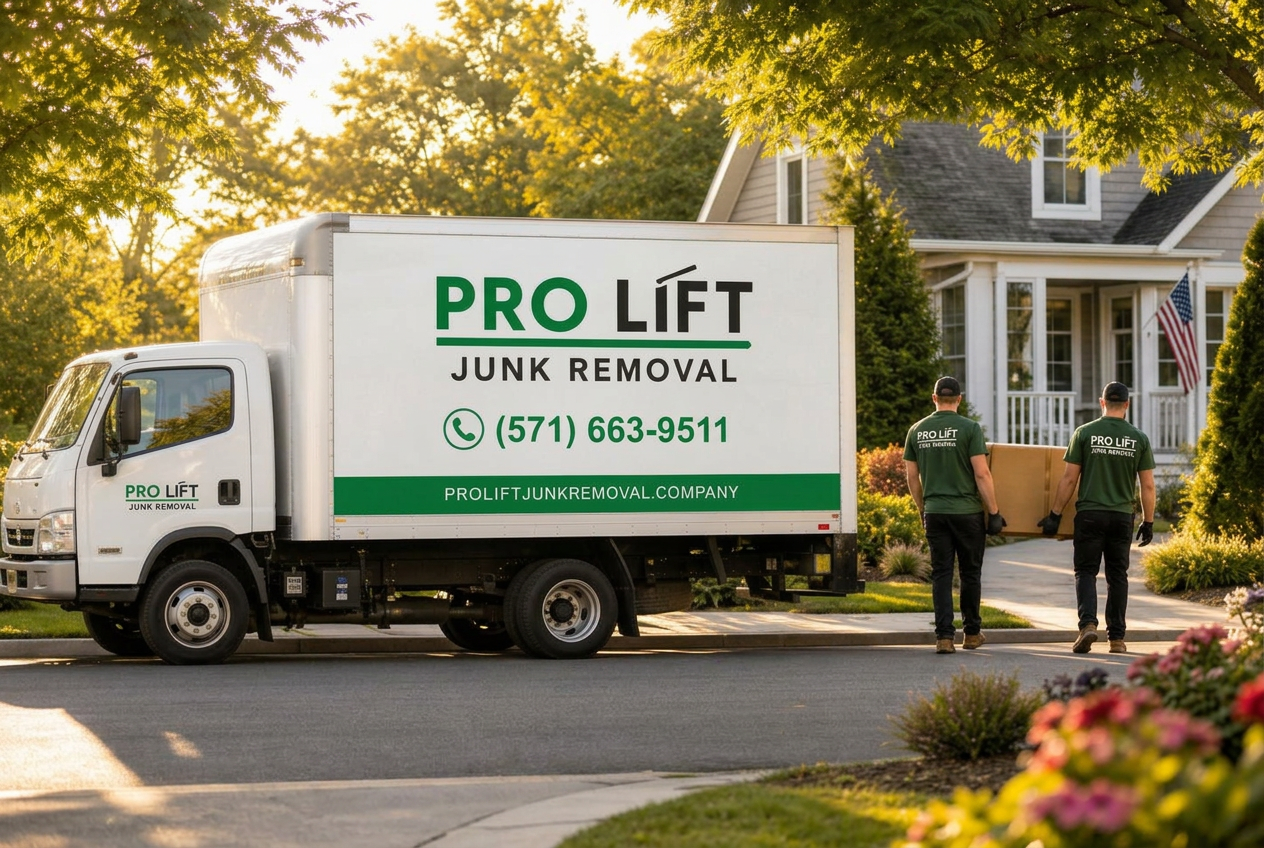 Pro Lift Junk Removal team loading a sofa into a branded truck in Aldie, Virginia